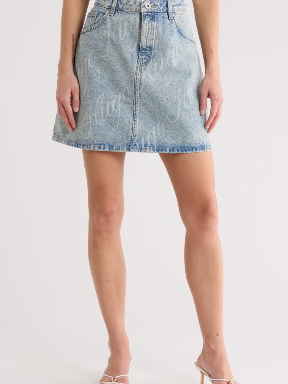 Hugo Boss Light Blue Denim Logo-Print Mini Skirt
